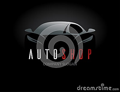 Auto shop car logo design with concept sports vehicle silhouette Vector Illustration