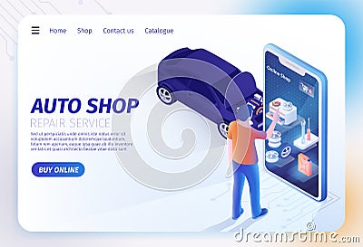 Auto Shop Online Mobile Application Landing Page Vector Illustration