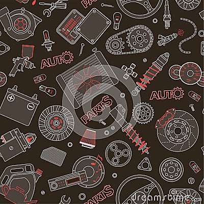 Car spare parts flat icons seamless pattern on dark background. Vector Illustration