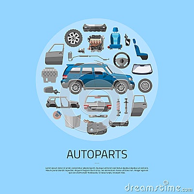 Auto spare parts icons concept banner. Car service vector illustration. Car detail, repair, gear brake, seat, windshield Vector Illustration