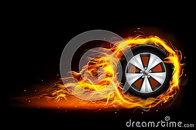 Auto tire in fire, burning wheel, hot car tire â€“ vector Stock Photo