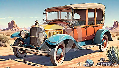 Convertible rag top passenger touring car jalopy red desert Cartoon Illustration