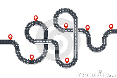 Auto trip map. Asphalt Road path with red Pins. Place on road, navigation map, infographic element. Isolated vector Vector Illustration