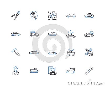 Auto tune-up line icons collection. Maintenance, Inspection, Diagnosis, Tune-up, Repair, Sparkplugs, Fuelinjectors Vector Illustration