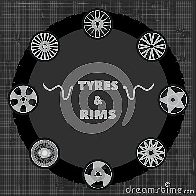 Auto tyres and rims on an abstract background Vector Illustration