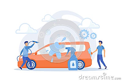 Auto wash attendants cleaning the exterior of the vehicle with special equipment. Car wash service, automatic carwash, self-serve Vector Illustration