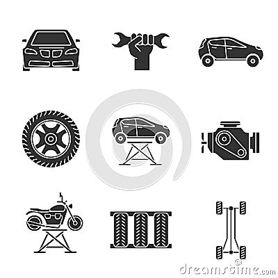 Auto workshop glyph icons set Vector Illustration