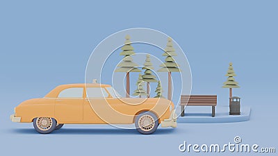 Auto yellow taxi eco car and a chair tree trash can footpath of street,city transportation concept cartoon style. Stock Photo