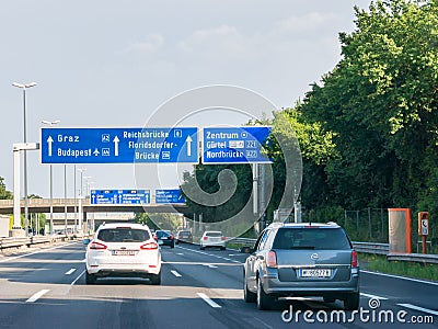 Autobahn A22 with traffic and road signs, Vienna, Austria Editorial Stock Photo