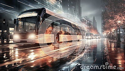 An autobus in a big city with diverse traffic light spots on a rainy day. Stock Photo