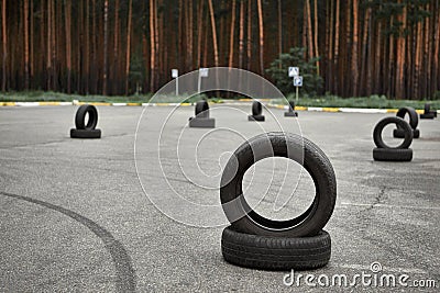 Autodrome for driving training, large area for road signs, training elements and tires, place skills improvement Stock Photo