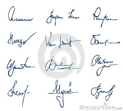 Autographs collection. Doodle handwritten letters, sketchy signatures and certificates signs, variety of hand drawn Vector Illustration