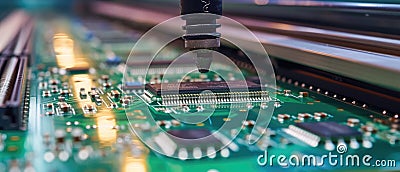 Automated assembly of circuit board, mount of microchip in pcb at semiconductor factory. Detail of machine line in computer plant Stock Photo
