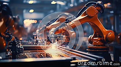 Automated assembly line in car factory for high tech green energy electric vehicle manufacturing. Stock Photo