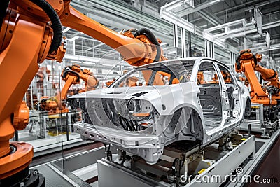 An automated assembly line features advanced robot manipulators as they meticulously work on the production of high-tech Stock Photo