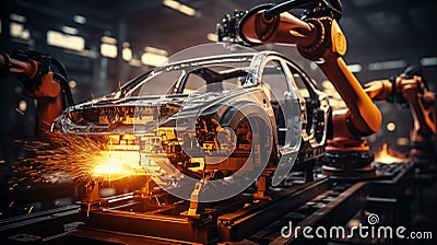 Automated assembly line for high tech green energy electric vehicle manufacturing process Stock Photo