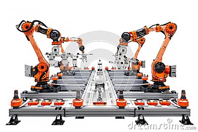 an automated assembly line with multiple robotic arms working Stock Photo