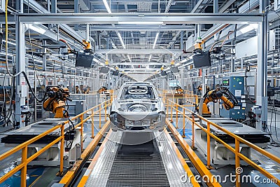 Automated Assembly Line, Robots Constructing Vehicles on a Modern Conveyor System with Precision and Efficiency in Stock Photo