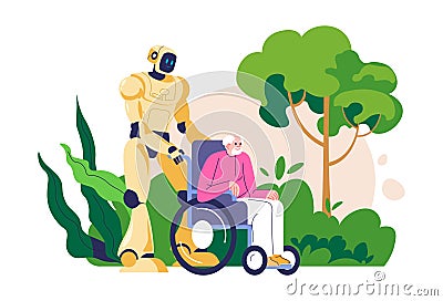 Automated care for senior people, robot helper Vector Illustration