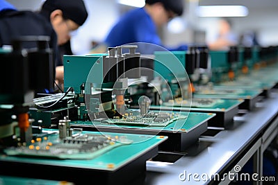 Automated chip mounter in printed circuit board workshop with high tech machinery Stock Photo