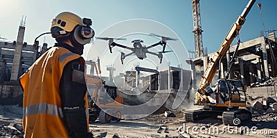 An automated construction site with drones and robots collaborating to build structures faster and safer than ever before Stock Photo
