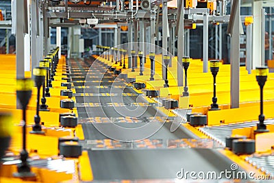 Automated Conveyor Belt Sorting Mechanism in a Logistics Center. Automatic Engineering Solution Handling and Preparing Stock Photo