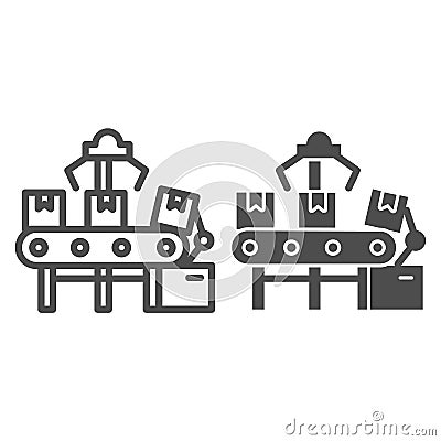 Automated conveyor and boxes line and solid icon, delivery logistics symbol, Automatic conveyor belt with parcels vector Vector Illustration