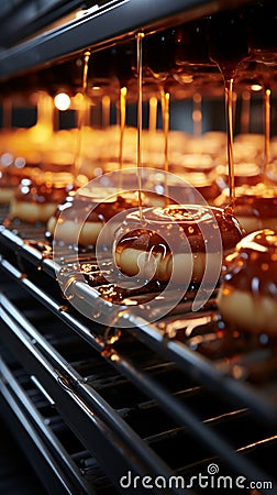 Automated conveyor whisks freshly baked cakes through the production process Stock Photo