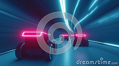 Automated delivery vehicles move swiftly through futuristic tunnel. Neon lights illuminate interior. Advanced tech, efficient Stock Photo
