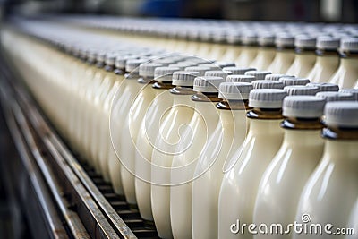 Automated equipment filled with rows of plastic milk containers on a conveyor belt Stock Photo