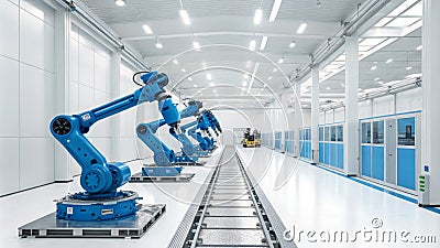 Automated Factory Blue Robots on Track System Stock Photo