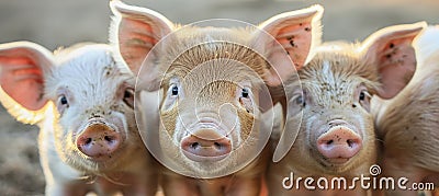Automated feeding system in large swine facility distributing feed to group of pigs Stock Photo