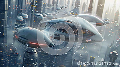 Automated flying vehicles zooming through the air their navigation systems powered by advanced neurotechnology. Stock Photo