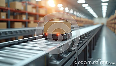 Automated guided vehicle carries package on conveyor system in modern warehouse. Efficient logistic, shipping operations for Stock Photo