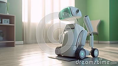 Automated Housekeeping Robot Maid cleaning the house with a Vacuum Machine - Ai Generated Stock Photo