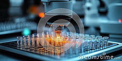 Automated liquid handling robot processes samples in medical lab. High tech equipment handles test tubes precisely. Analysis Stock Photo
