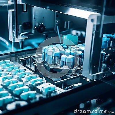 An automated machine assembling and packaging medical pro one created with generative AI Stock Photo