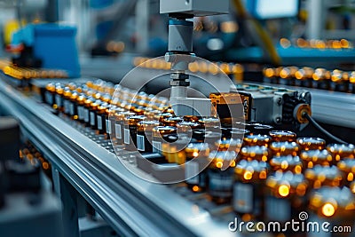 Automated machinery calibrating lithium-ion batteries in a modern plant Stock Photo