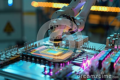 Automated Microchip Assembly Process Using Robotic Arm Stock Photo