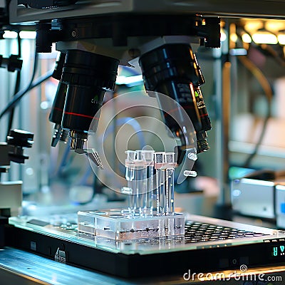 Automated Microscopy System Analyzes Microscopic Test Tubes Samples Stock Photo