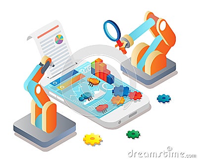 Automated mobile app testing, vector isometric illustration. Debugging, quality assurance, mobile test automation. Vector Illustration
