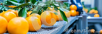 Automated Orange Sorting on Conveyor Belt Fresh oranges on a conveyor belt automated sorting modern farming technology Stock Photo