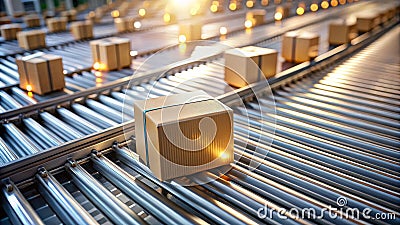Automated package handling system efficient conveyance of goods on a modern roller conveyor. Generative AI Stock Photo