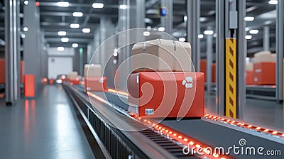 Automated package sorting in a modern distribution center featuring a conveyor belt system moving boxes efficiently and Stock Photo