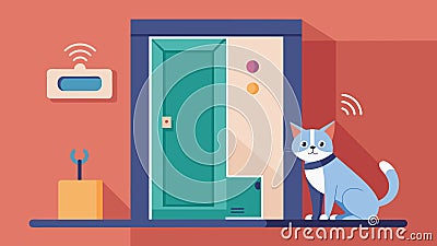 An automated pet door that only opens for your pets via a microchip or collar sensor keeping unwanted critters out Vector Illustration