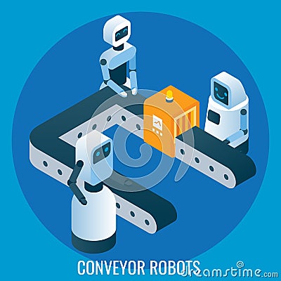 Automated production line, conveyor robots, vector isometric illustration. Automation in industry, robotics technology Vector Illustration