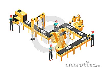 Automated production line, factory conveyor with workers and robotic arms isometric industrial vector concept Vector Illustration