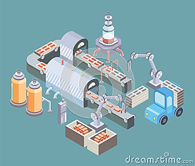 Automated production line. Factory floor with conveyor and various machines. Vector illustration in isometric projection Vector Illustration