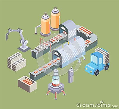 Automated production line. Factory floor with conveyor and various machines. Vector illustration in isometric projection Vector Illustration