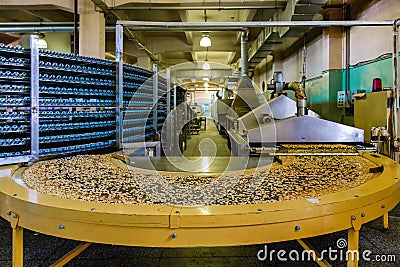 Automated production line of modern bakery. Ovens, conveyor line machine and other eqipment for baking crackers and cookies Stock Photo